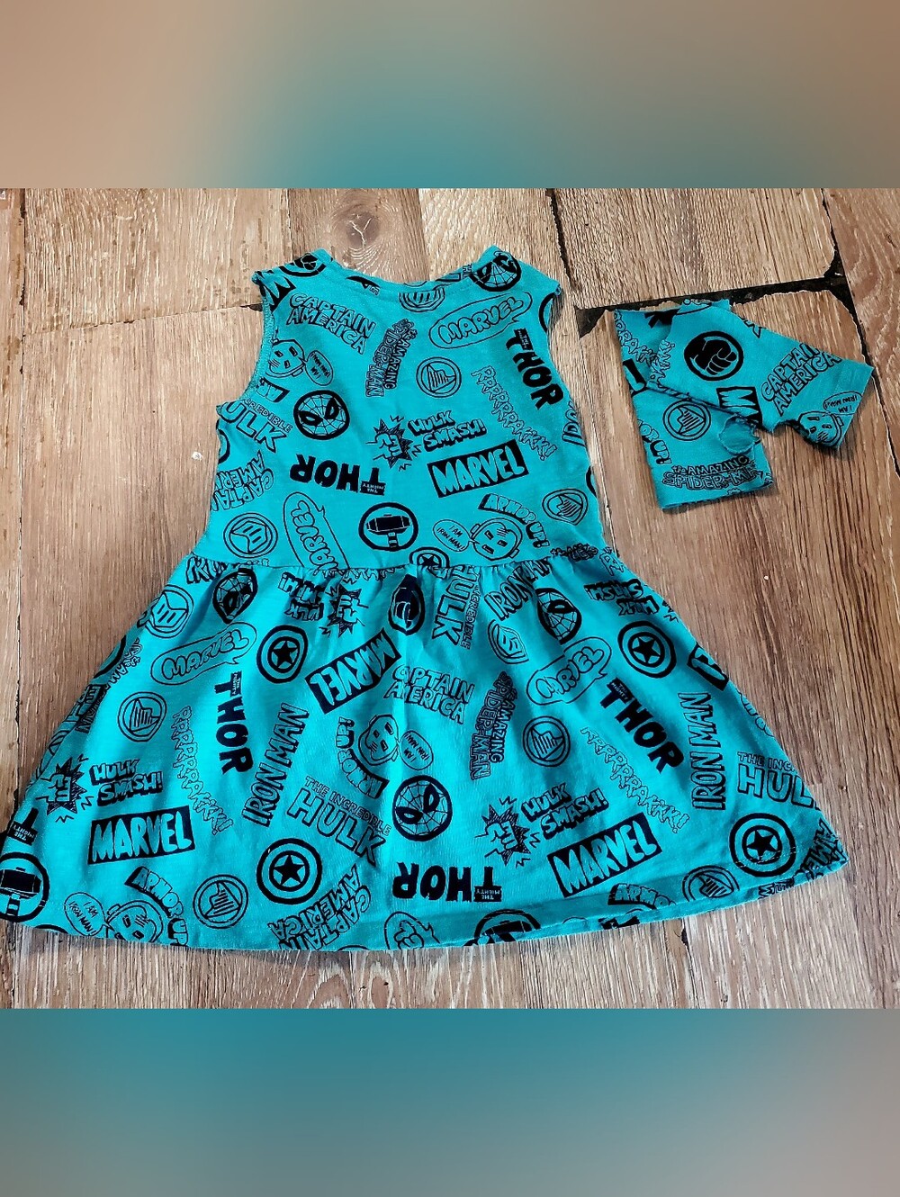 Spotted Zebra, Marvel Logo Print Toddler Girls' Dress - Teal & Black